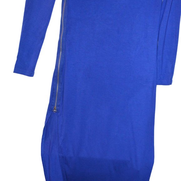 OODJI Blue Soft Thin Tricot Long Sleeves Zip Side Slit Dress (S) - Picture 4 of 6